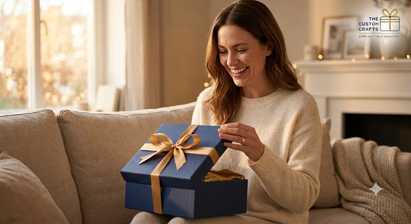 A customer smiling while unboxing a Custom Crafts gift at home