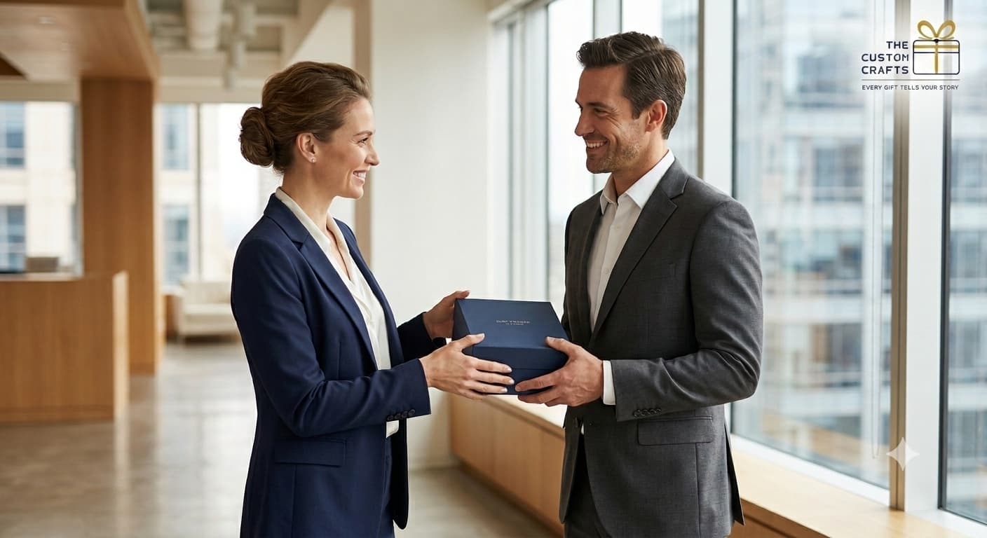 Colleagues exchanging a Custom Crafts gift box in an office lobby