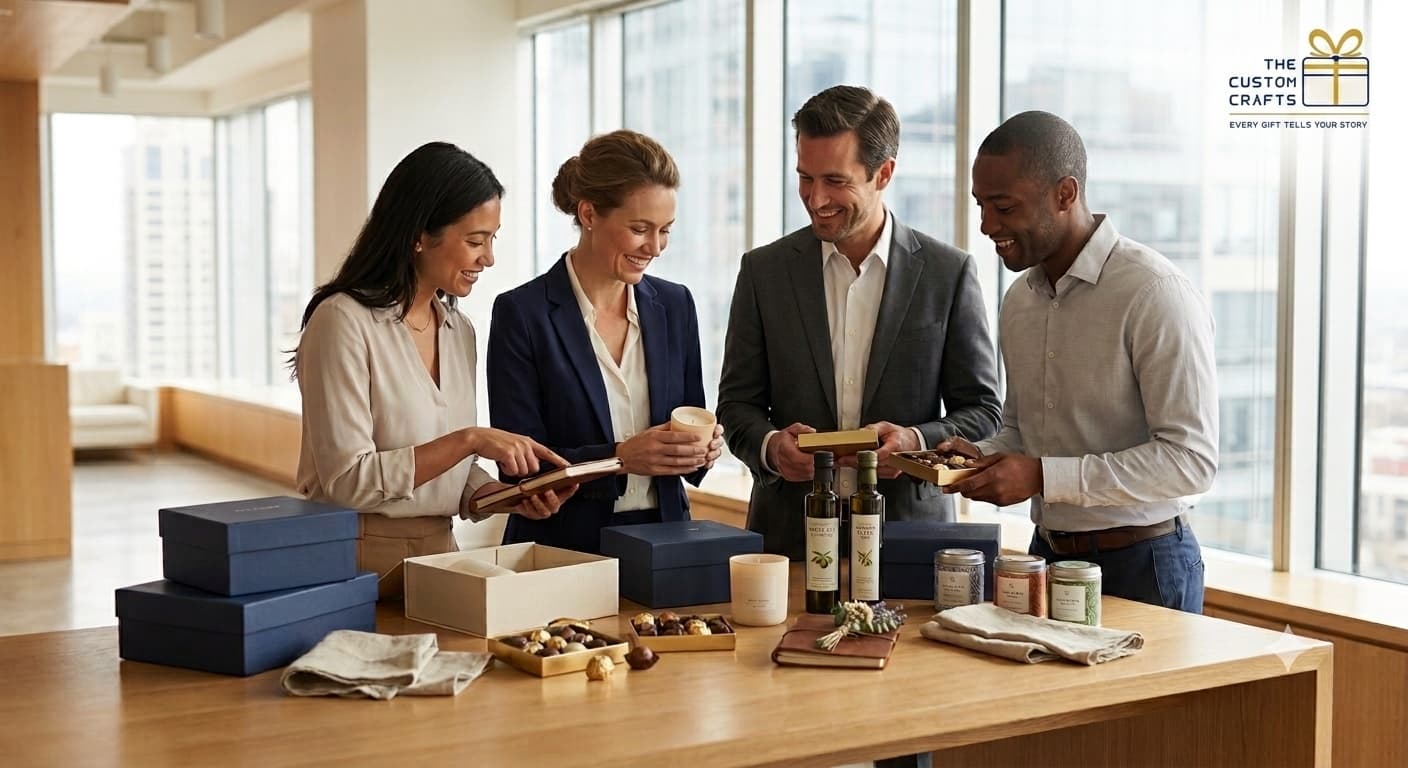 A team unboxing corporate gift hampers together in an office