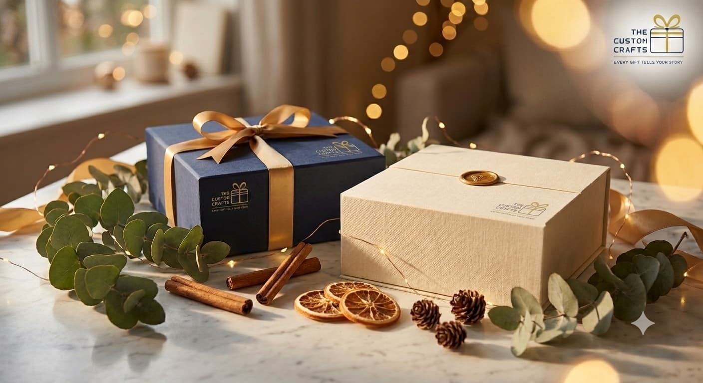 Navy and ivory gift boxes styled for the festive season with fairy lights