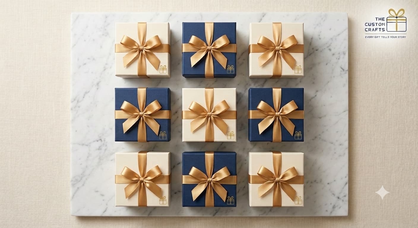 A grid of navy and ivory gift boxes tied with gold ribbon