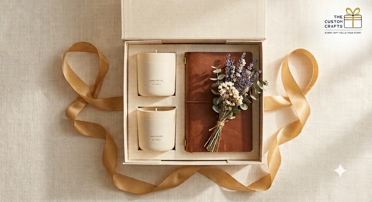 A flat-lay gift set of candles and a leather journal tied with gold ribbon