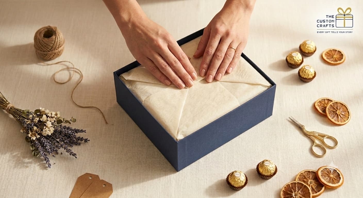 Wrapping a Custom Crafts gift box with tissue paper, surrounded by dried oranges and lavender