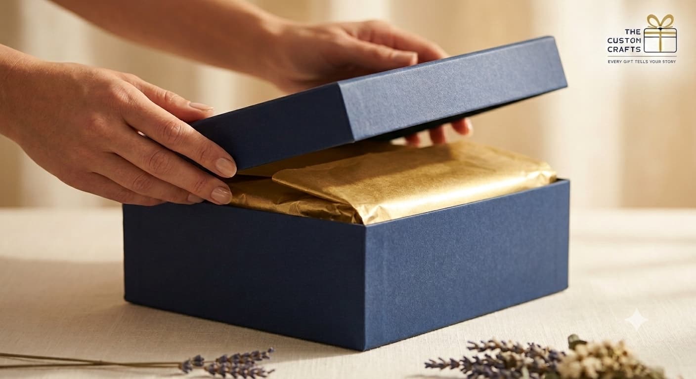 Opening a navy gift box to reveal gold tissue paper inside