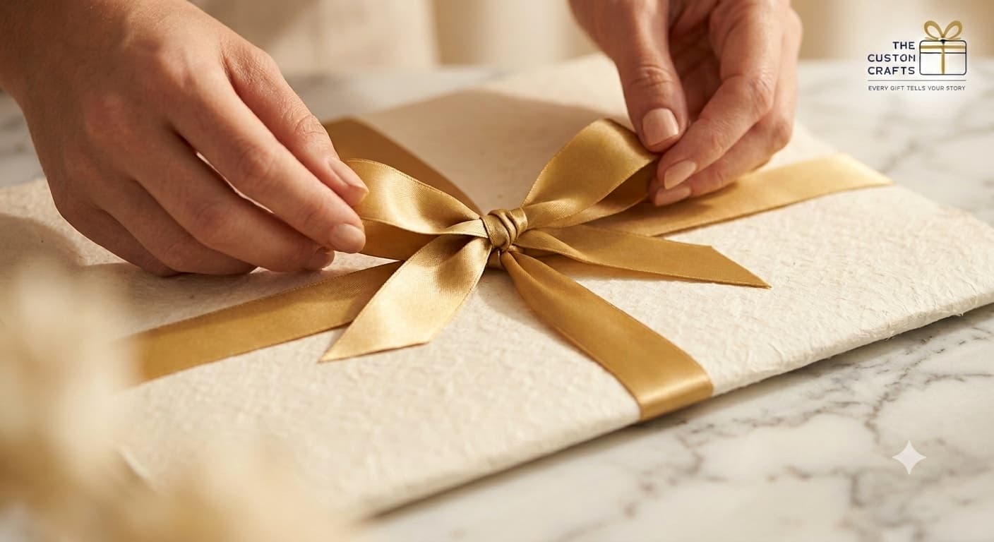 Hands tying a gold ribbon on a Custom Crafts gift box