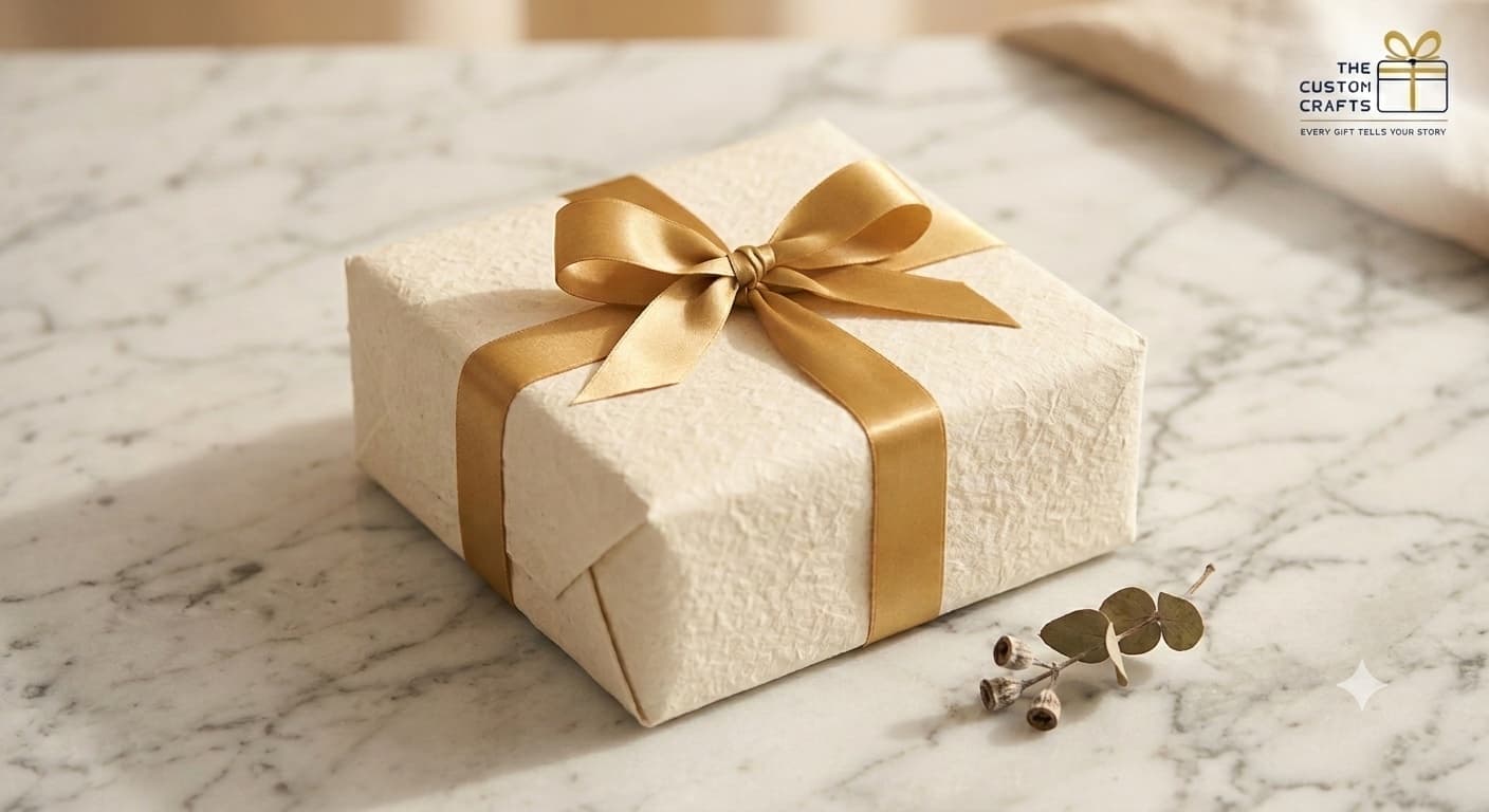 A handmade-paper gift box tied with a gold satin bow